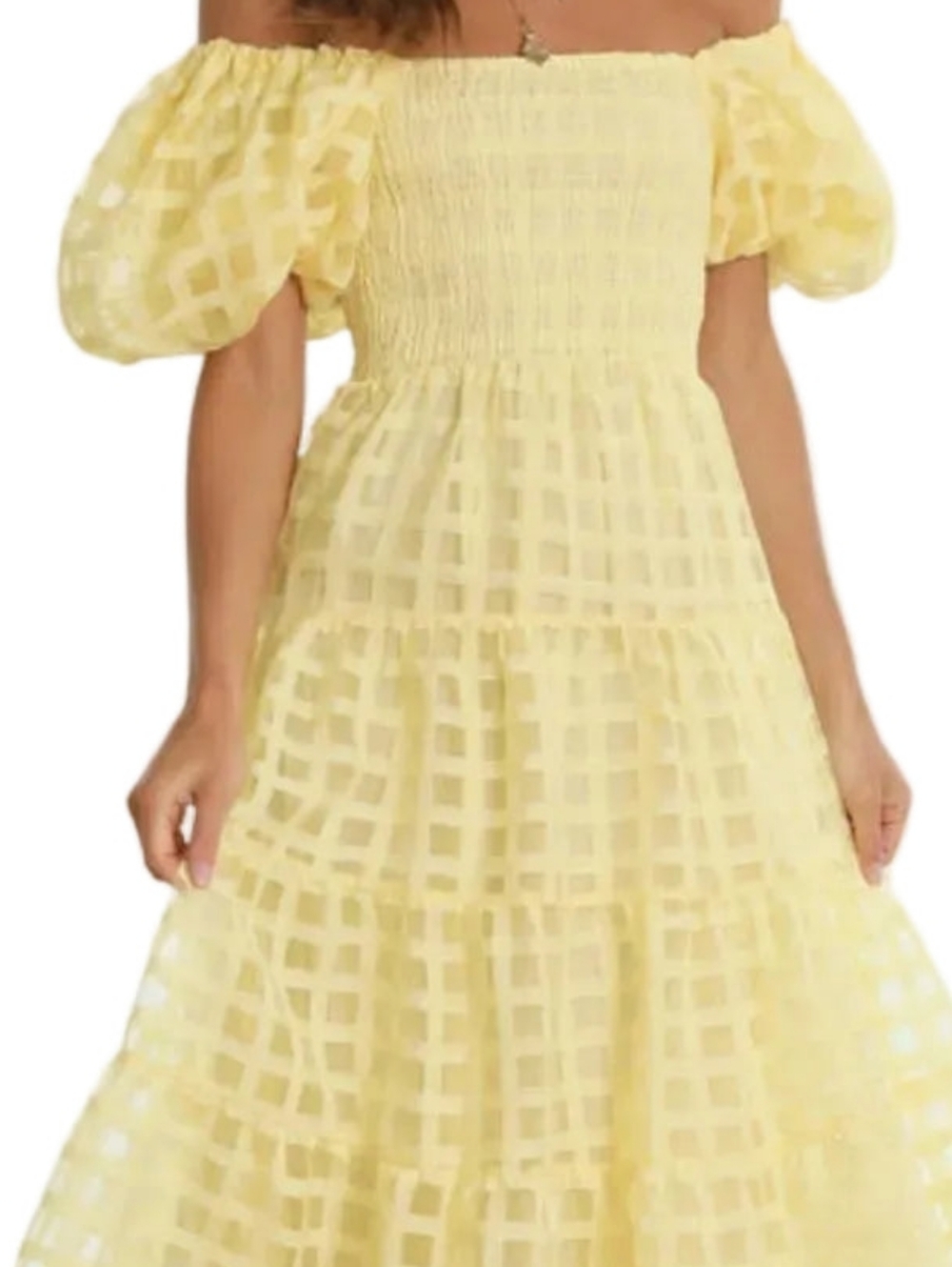 Off Shoulder Short Puff Sleeve Elastic Smocked Bodice Tiered A-line Midi Dress - Picture 11 of 14